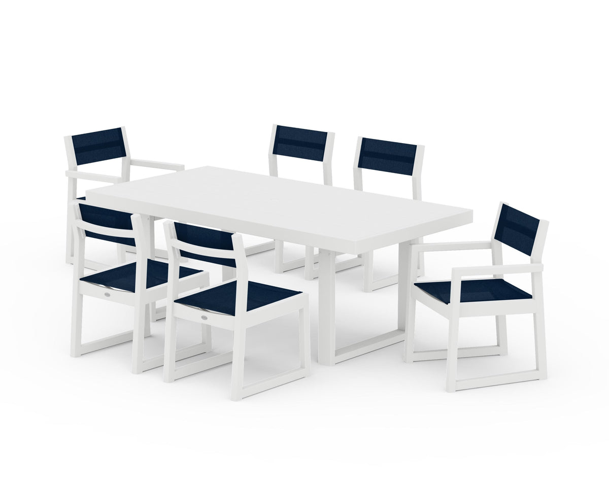 POLYWOOD EDGE Sling 7-Piece Dining Set in White / Navy Blue