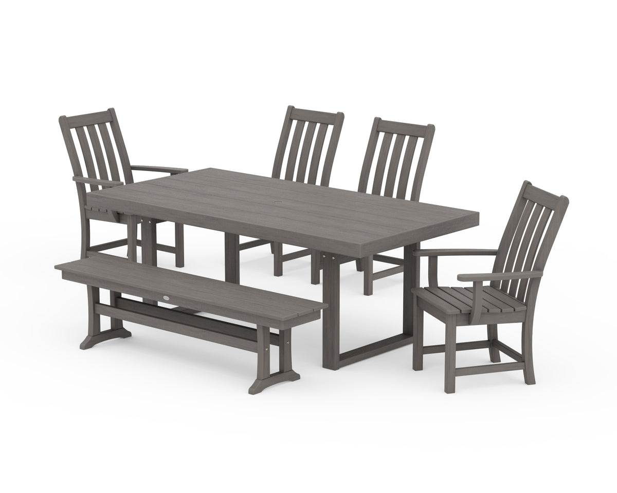 POLYWOOD Vineyard 6-Piece Dining Set with Bench - 39" x 78" Table in Driftwood