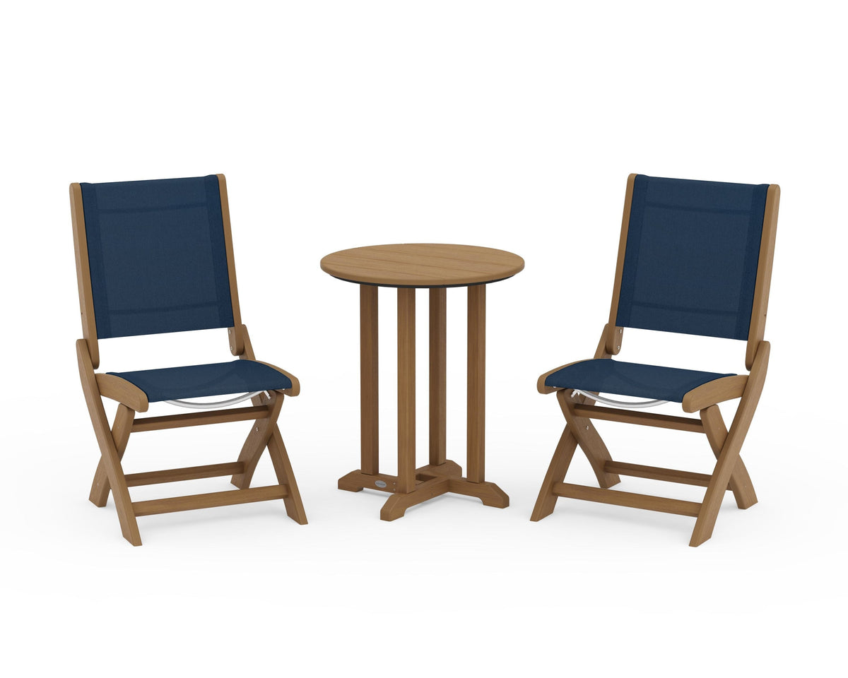 POLYWOOD Coastal Folding Side Chair 3-Piece Round Bistro Dining Set in Natural / Navy Blue