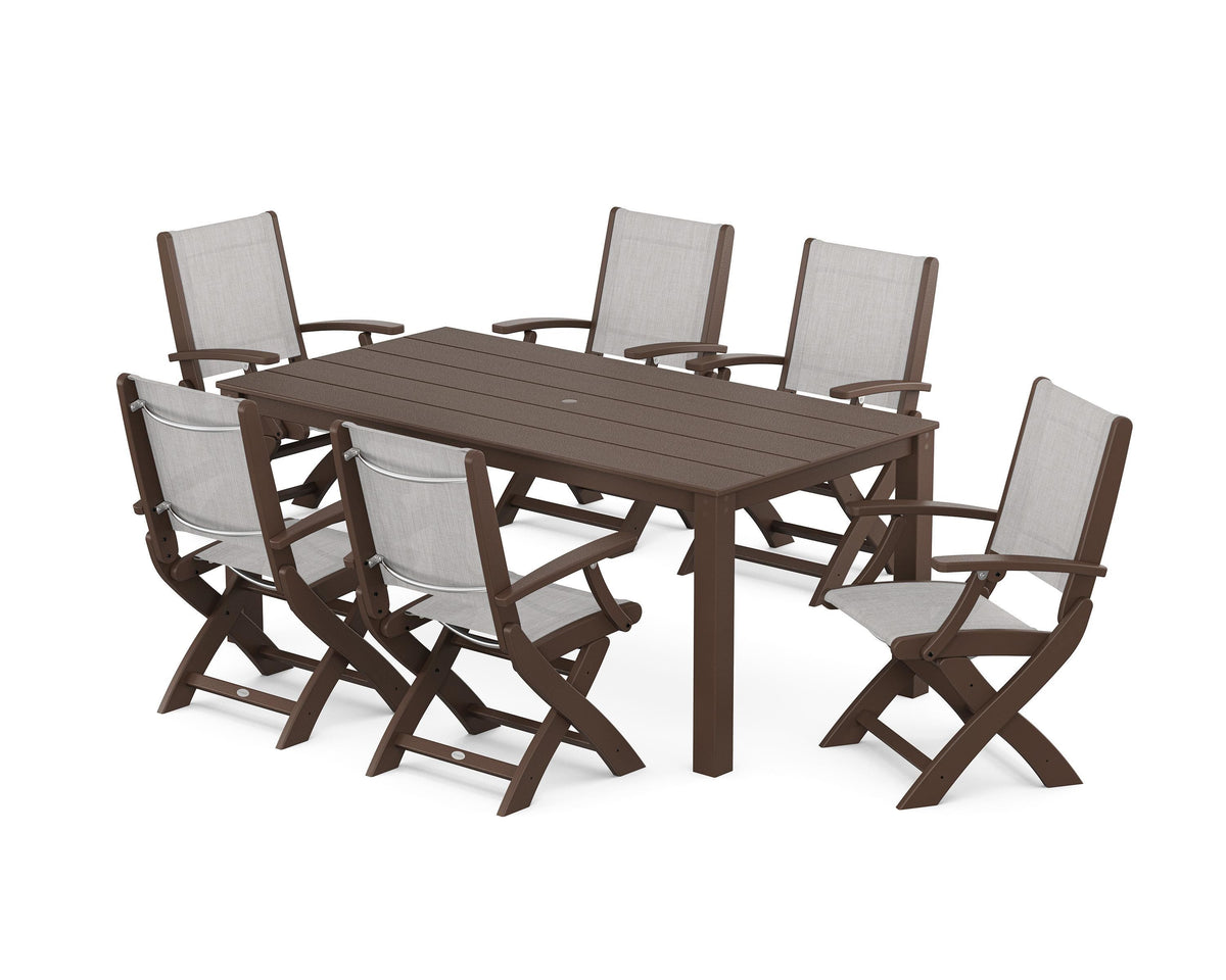 POLYWOOD Coastal Folding Chair 7-Piece Parsons Dining Set in Mahogany / Parchment