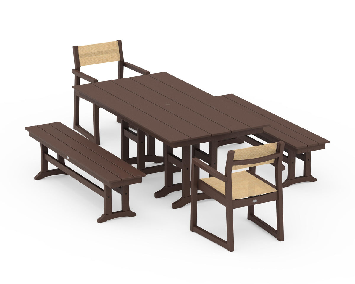 POLYWOOD EDGE Sling Arm Chair 5-Piece Farmhouse Dining Set with Benches in Mahogany / Dupioni Apricot