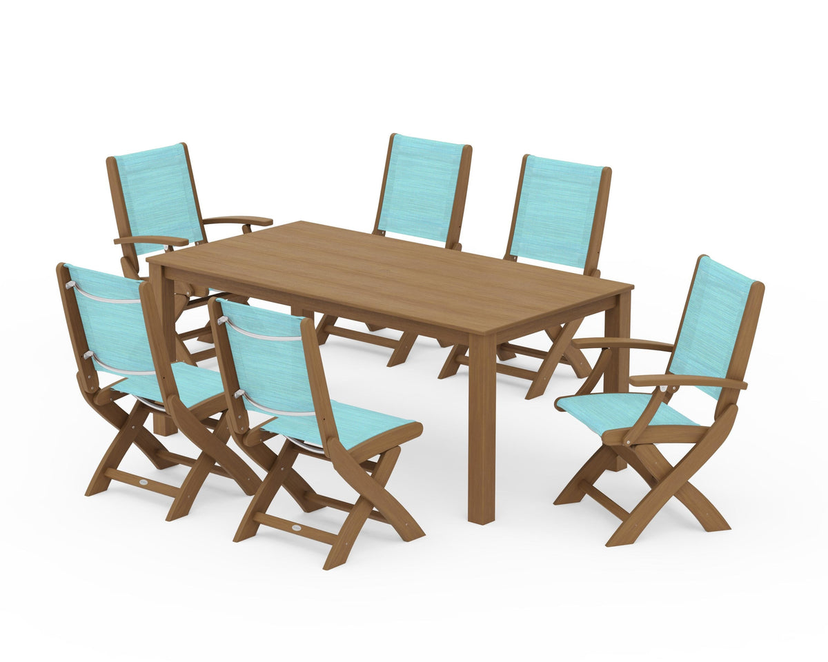 POLYWOOD Coastal Folding Chair 7-Piece Parsons Dining Set with Coastal Folding Side Chair in Natural / Dupioni Aquamarine