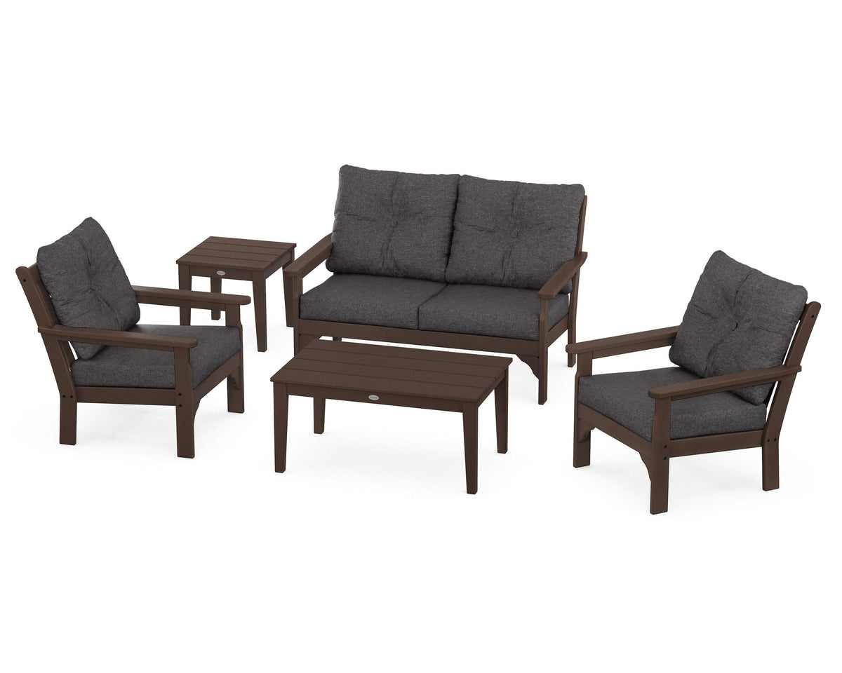 POLYWOOD Vineyard 5-Piece Deep Seating Set with Two Chairs and Loveseat in Mahogany / Ash Charcoal