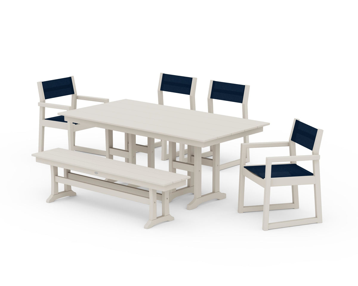 POLYWOOD EDGE Sling 6-Piece Farmhouse Dining Set in Sand / Navy Blue