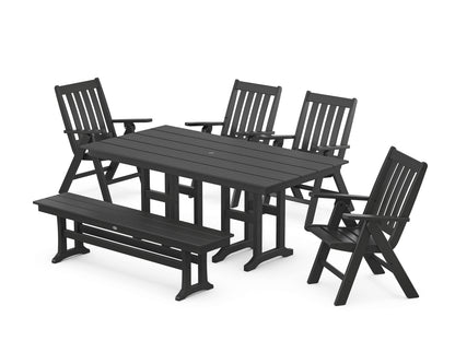 POLYWOOD Vineyard Folding Chair 6-Piece Farmhouse Dining Set with Bench in Black
