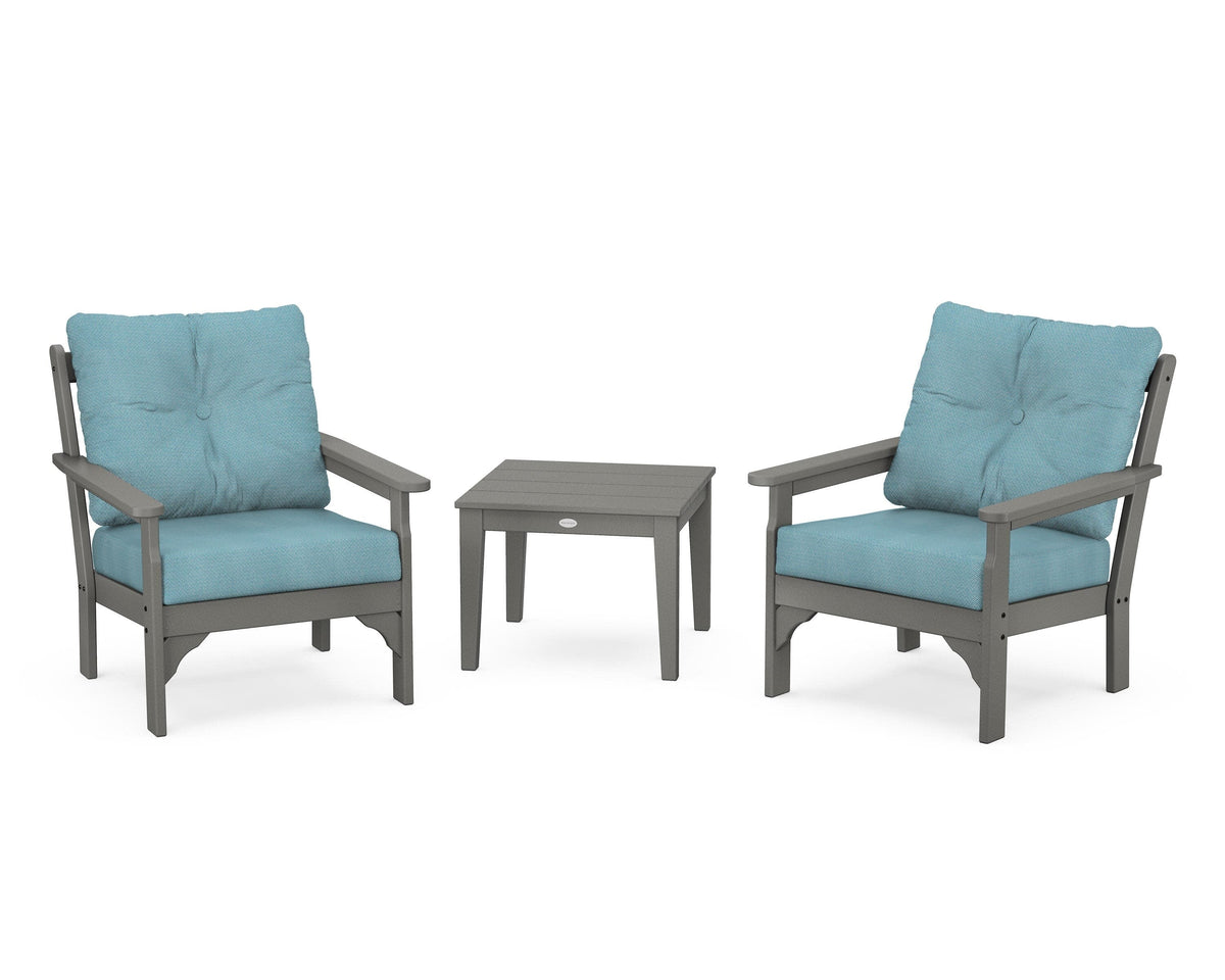 POLYWOOD Vineyard 3-Piece Deep Seating Set in Slate Grey / Lattice Sky Blue