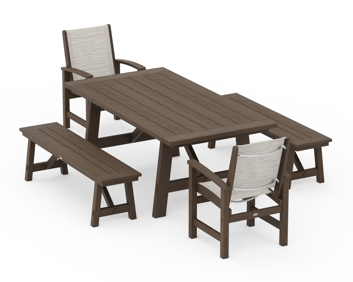 POLYWOOD Coastal 5-Piece Rustic Farmhouse Dining Set With Benches in Kona / Birch