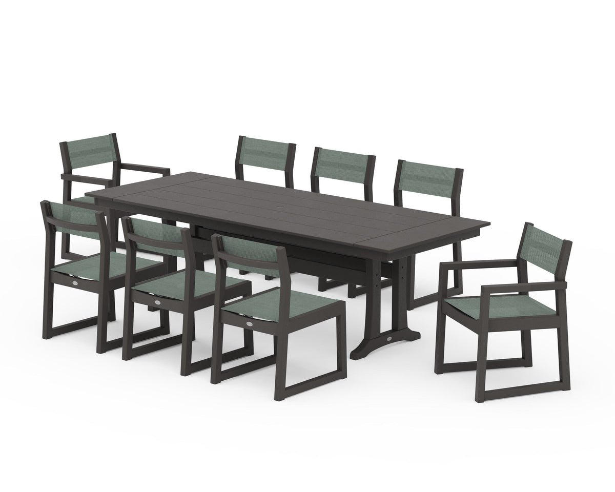 POLYWOOD EDGE Sling 9-Piece Farmhouse Trestle Dining Set in Vintage Coffee / Dupioni Sea Mist