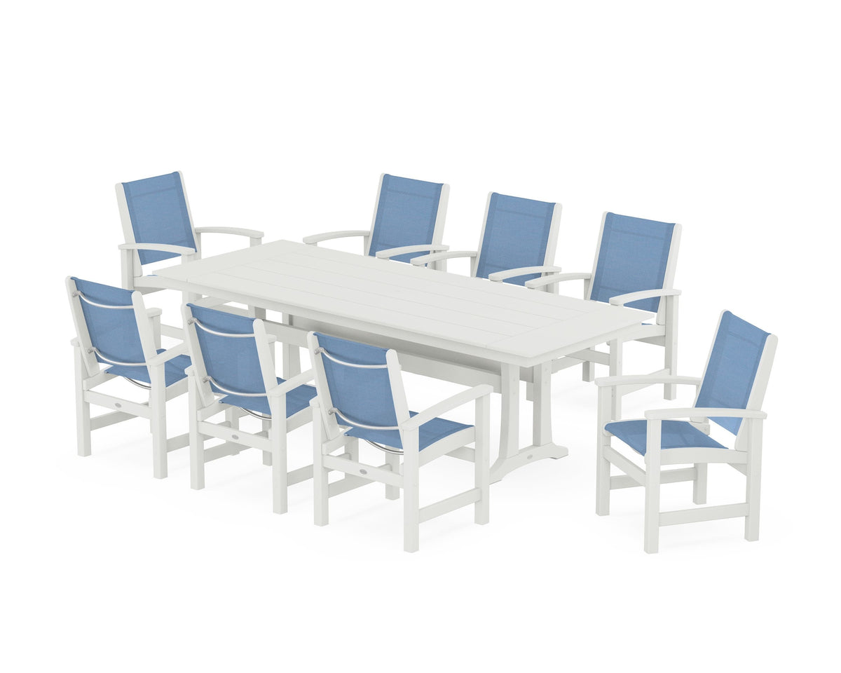 POLYWOOD Coastal 9-Piece Farmhouse Dining Set with Trestle Legs in Vintage White / Poolside