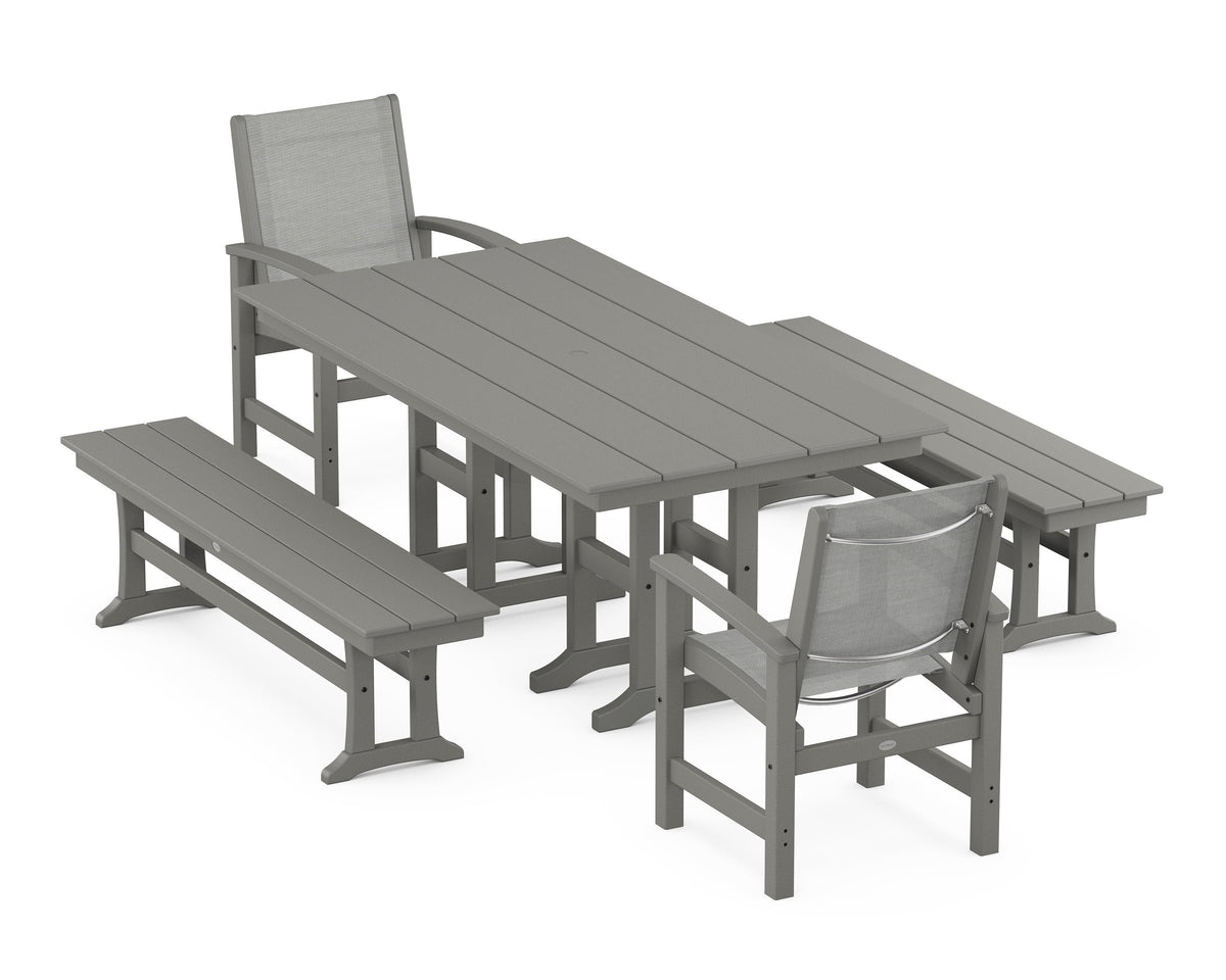 POLYWOOD Coastal 5-Piece Farmhouse Dining Set with Farmhouse 37" x 72" Dining Table in Slate Grey / Metallic