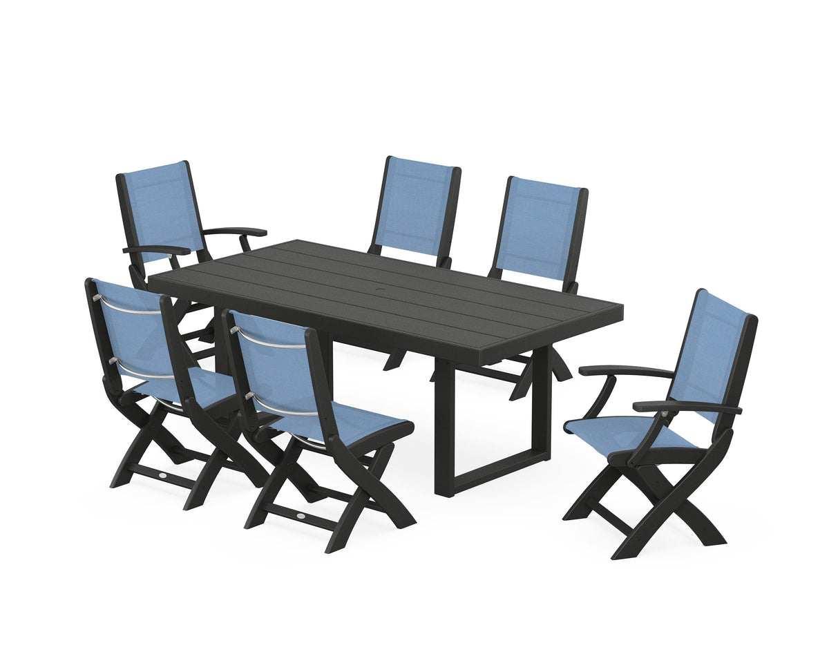 POLYWOOD Coastal Folding Chair 7-Piece Dining Set with Trestle Legs with EDGE 40" x 78" Dining Table in Black / Poolside