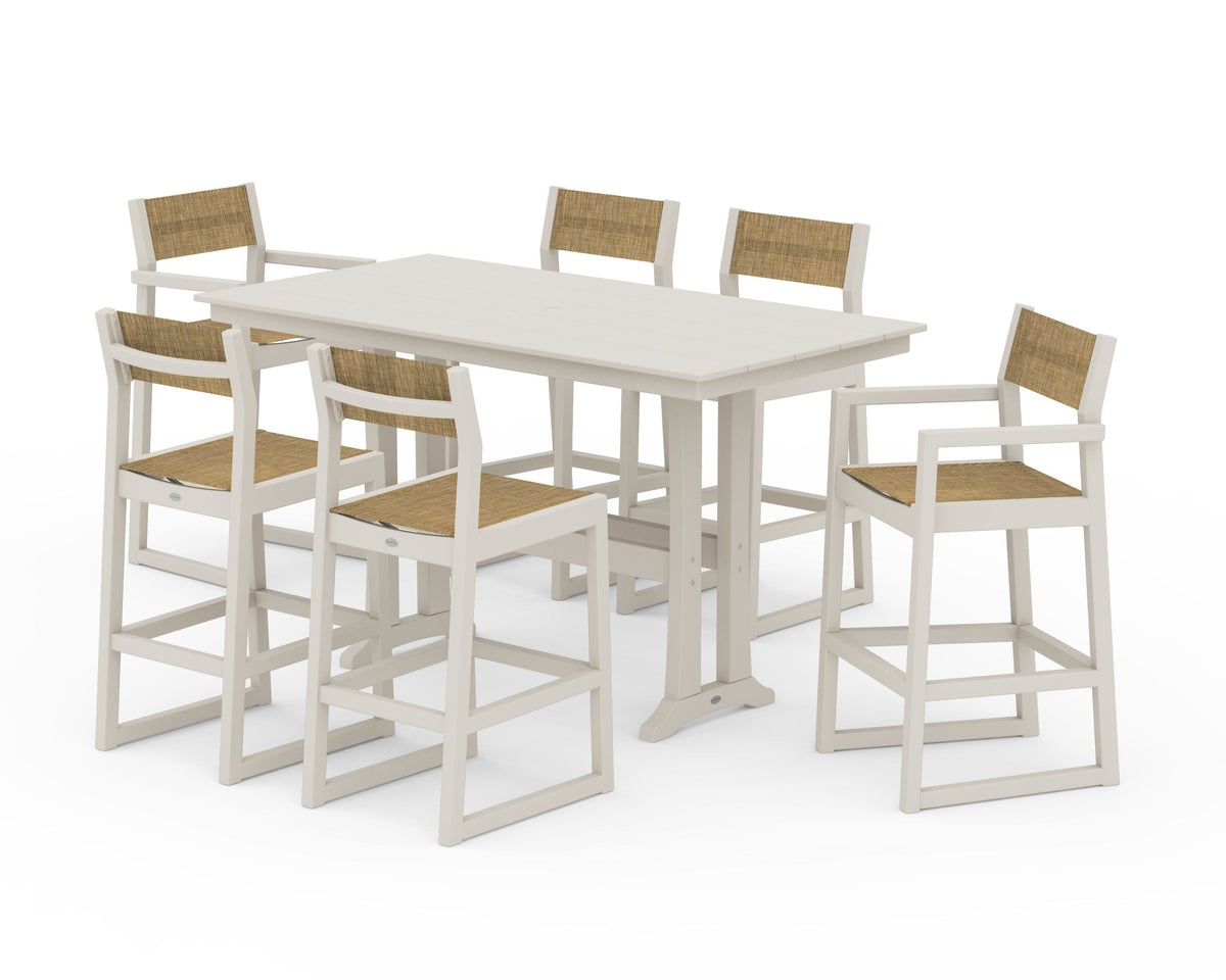 POLYWOOD EDGE Sling 7-Piece Farmhouse Bar Set with Trestle Legs in Sand / Burlap