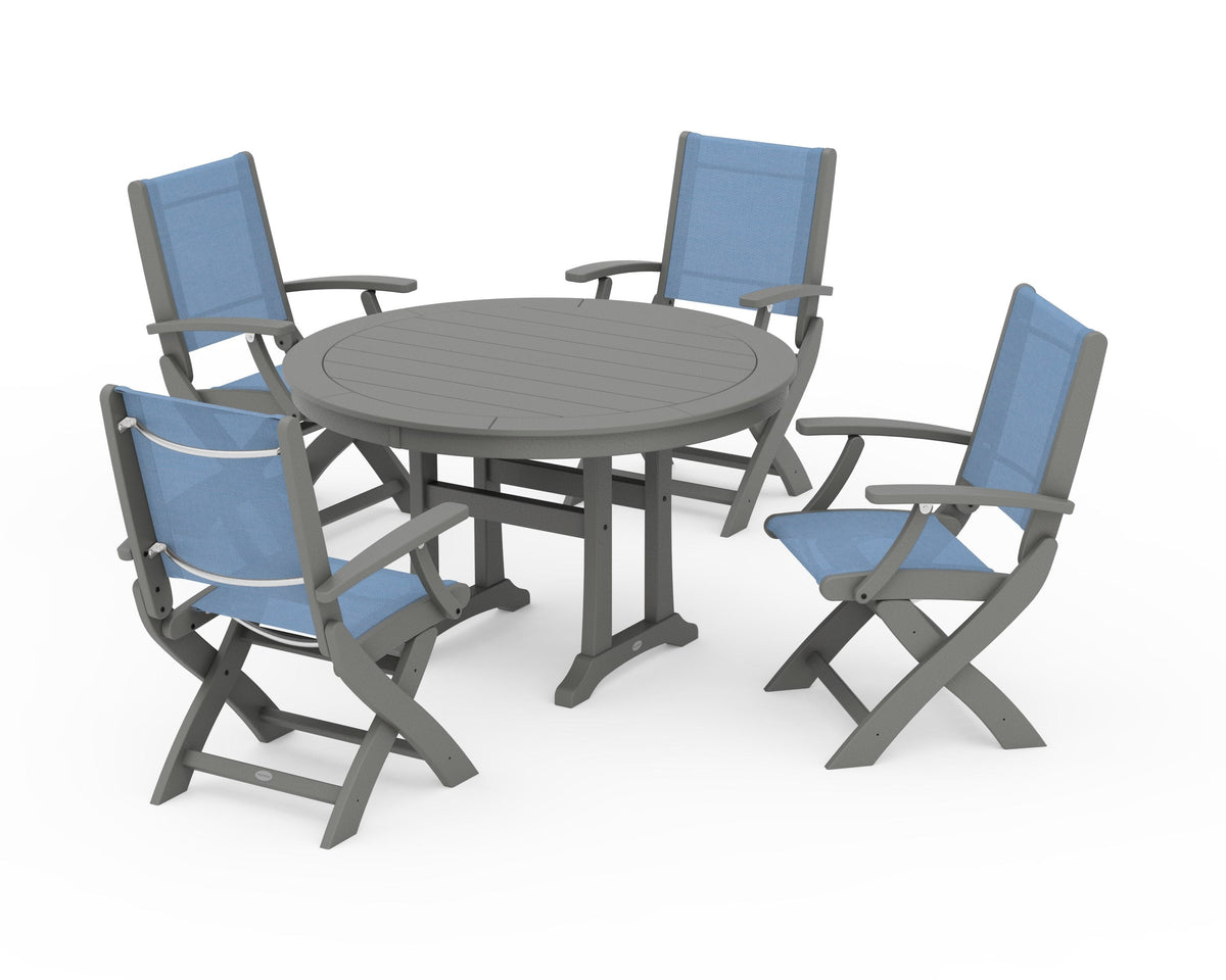 POLYWOOD Coastal Folding Chair 5-Piece Round Dining Set with Trestle Legs in Slate Grey / Poolside