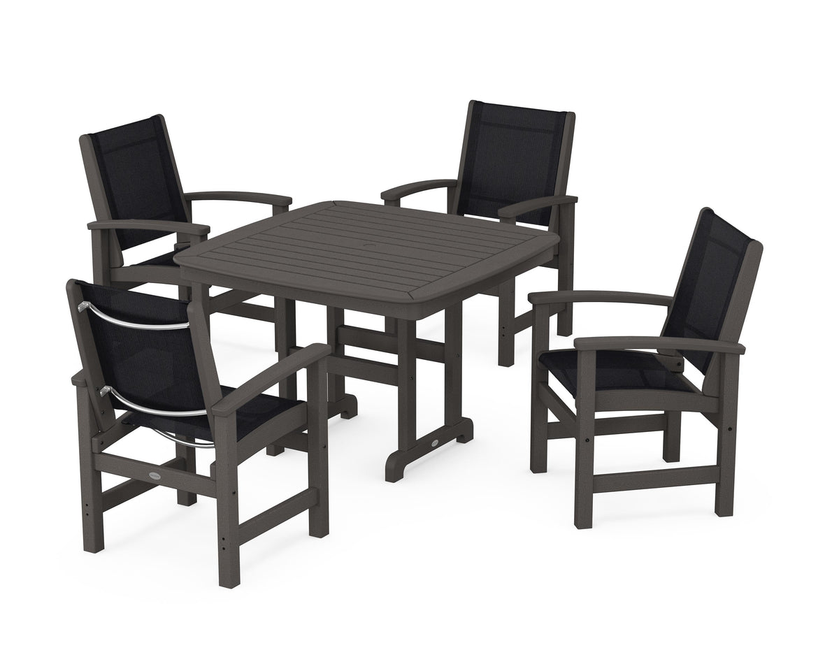 POLYWOOD Coastal 5-Piece Dining Set with Nautical 44" Dining Table in Vintage Coffee / Black