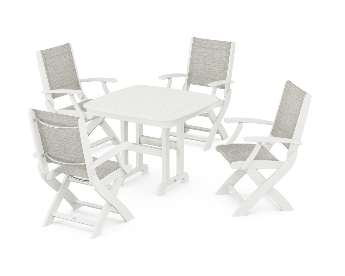 POLYWOOD Coastal Folding Chair 5-Piece Dining Set with Nautical 37" Dining Table in Vintage White / Birch