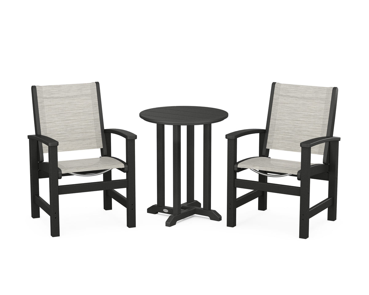POLYWOOD Coastal 3-Piece Round Bistro Dining Set in Black / Birch