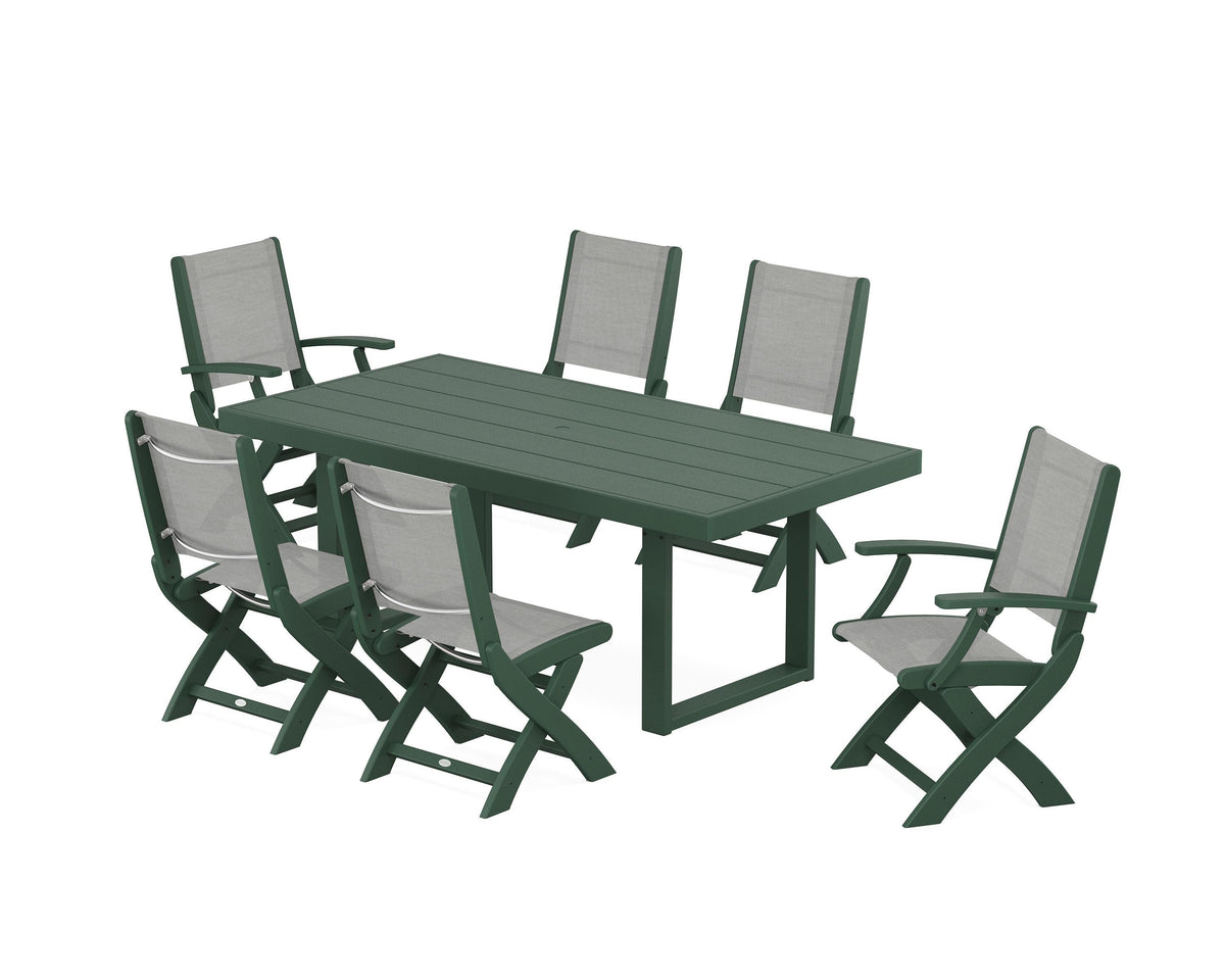 POLYWOOD Coastal Folding Chair 7-Piece Dining Set with Trestle Legs with EDGE 40" x 78" Dining Table in Green / Metallic