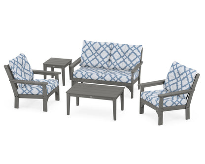 POLYWOOD Vineyard 5-Piece Deep Seating Set with Two Chairs and Loveseat in Slate Grey / Trellis Sky Blue