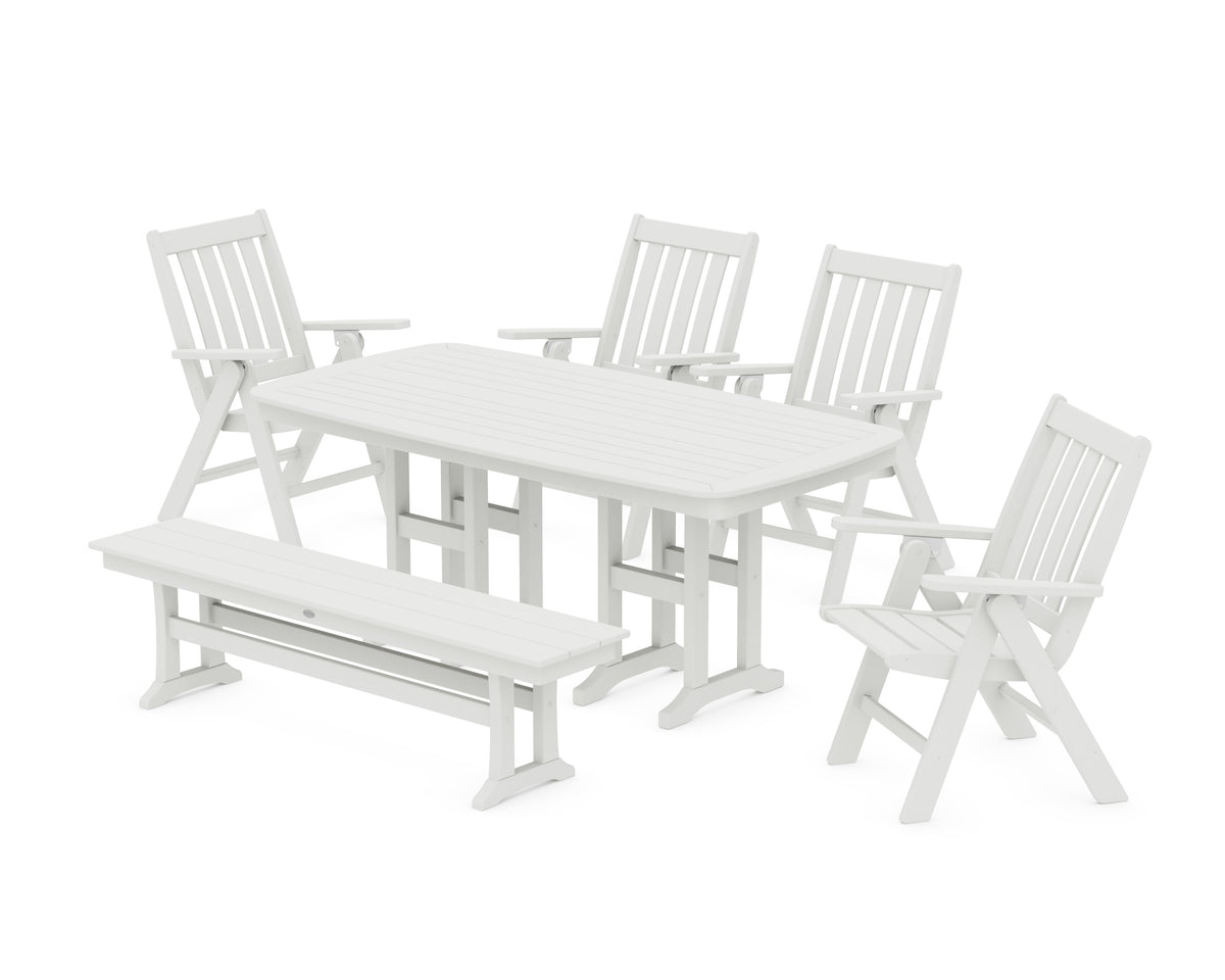 POLYWOOD Vineyard Folding Chair 6-Piece Dining Set with Bench in Vintage White