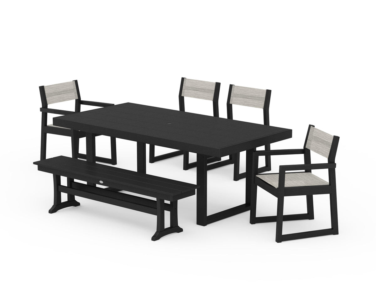 POLYWOOD EDGE Sling 6-Piece Dining Set with Bench in Black / Birch