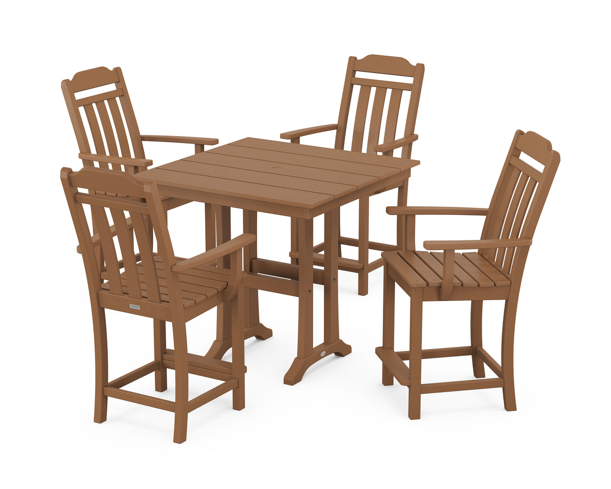 POLYWOOD Country Living Cottage 5-Piece Farmhouse Counter Set with Trestle Legs in Teak