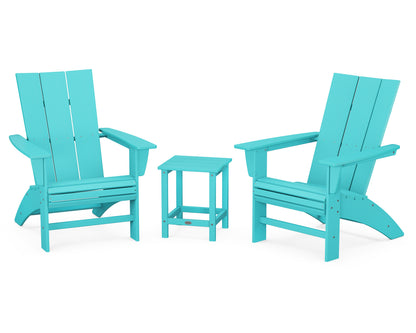POLYWOOD Modern 3-Piece Curveback Adirondack Set With Long Island 18" Side Table in Aruba
