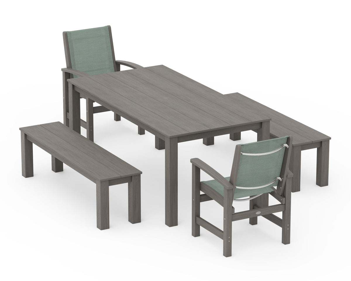 POLYWOOD Coastal 5-Piece Parsons Dining Set with Benches in Driftwood / Dupioni Sea Mist