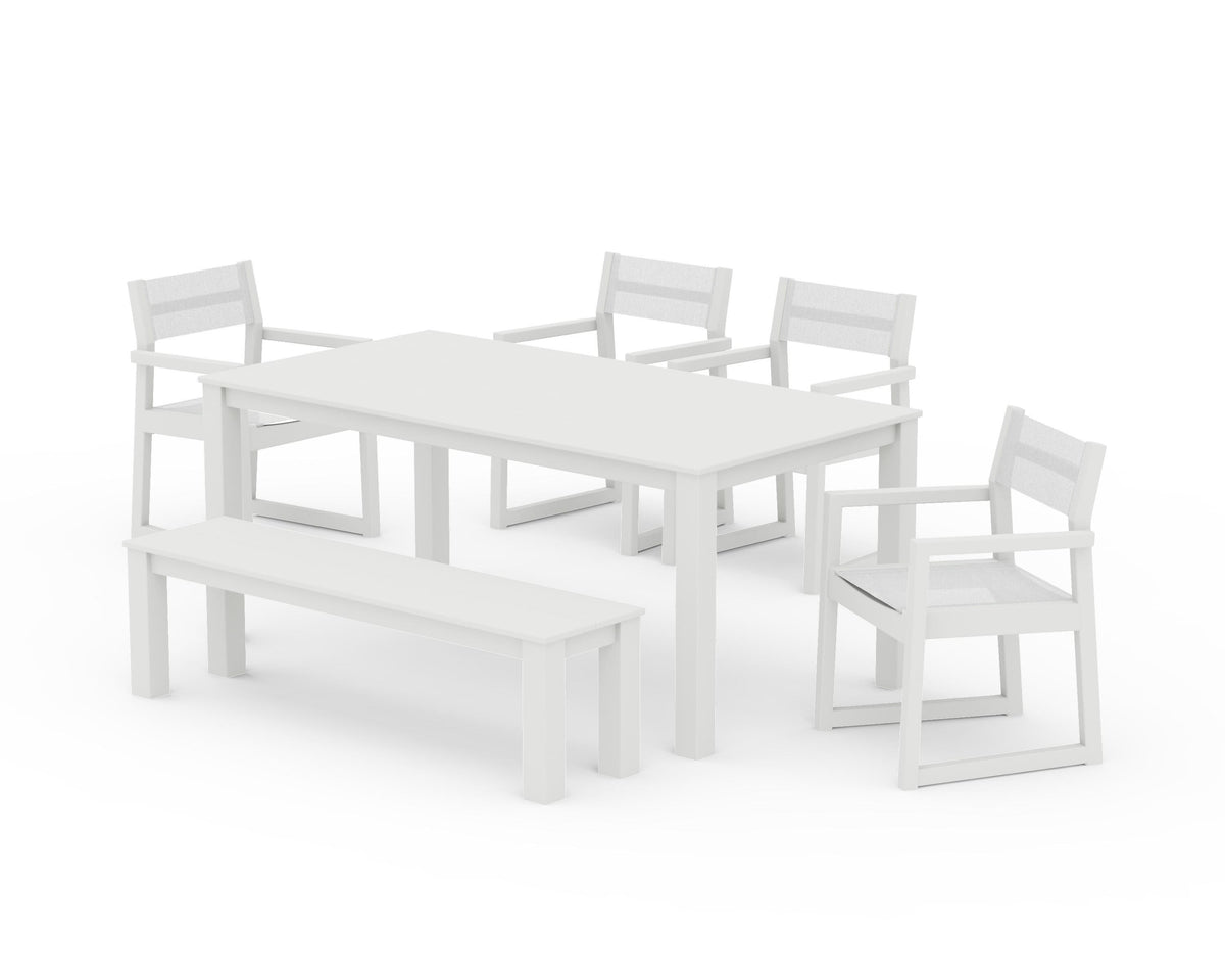 POLYWOOD EDGE Sling Arm Chair 6-Piece Parsons Dining Set with Bench in Vintage White / White