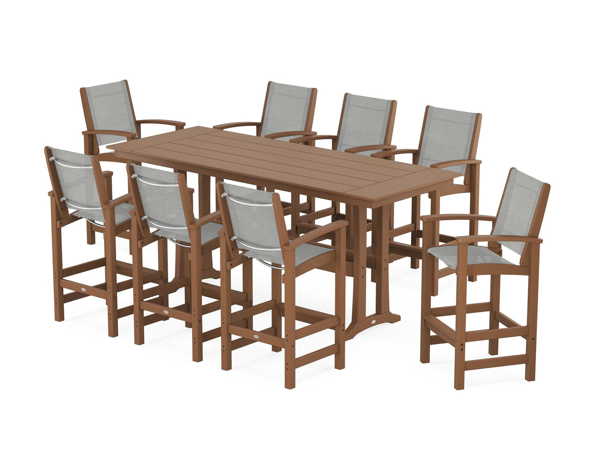 POLYWOOD Coastal 9-Piece Farmhouse Bar Set with Trestle Legs in Teak / Metallic