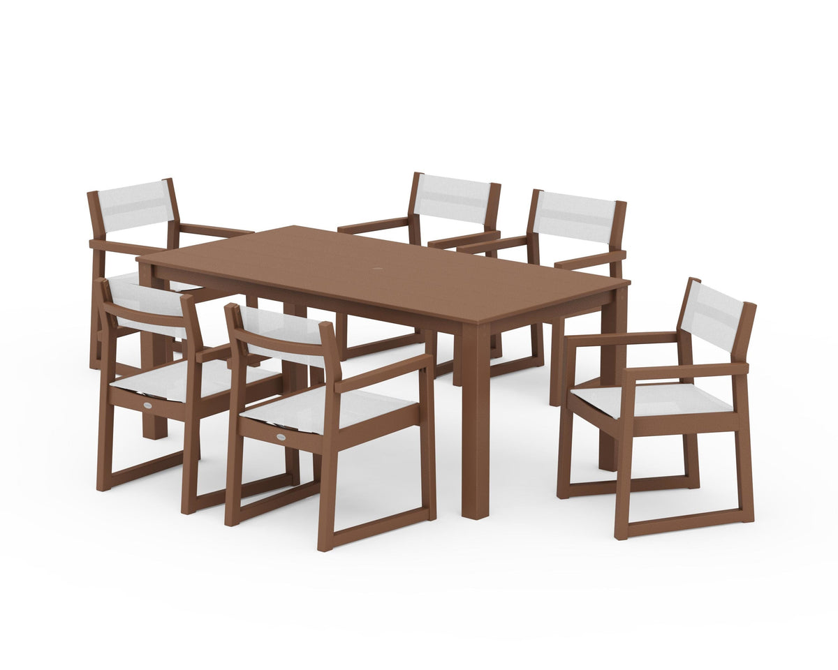 POLYWOOD EDGE Sling Arm Chair 7-Piece Parsons Dining Set in Teak / White