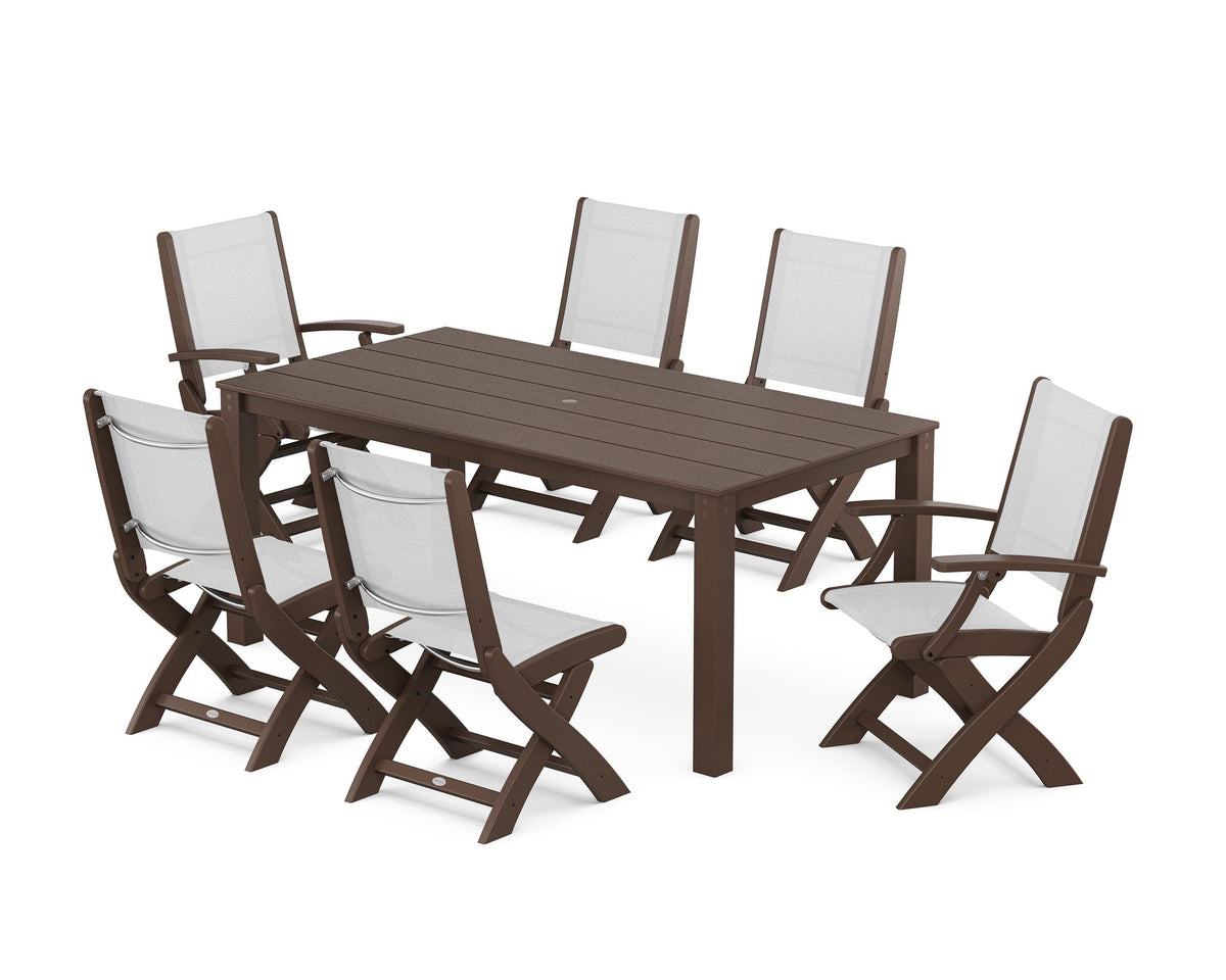 POLYWOOD Coastal Folding Chair 7-Piece Parsons Dining Set with Coastal Folding Side Chair in Mahogany / White