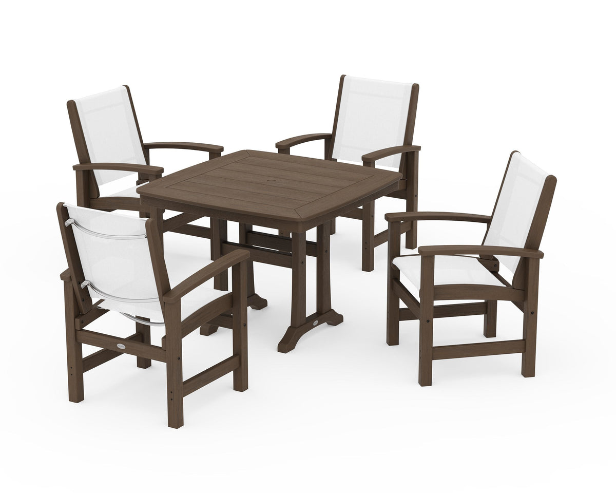 POLYWOOD Coastal 5-Piece Dining Set with Trestle Legs with Nautical Trestle 37" Dining Table in Kona / White
