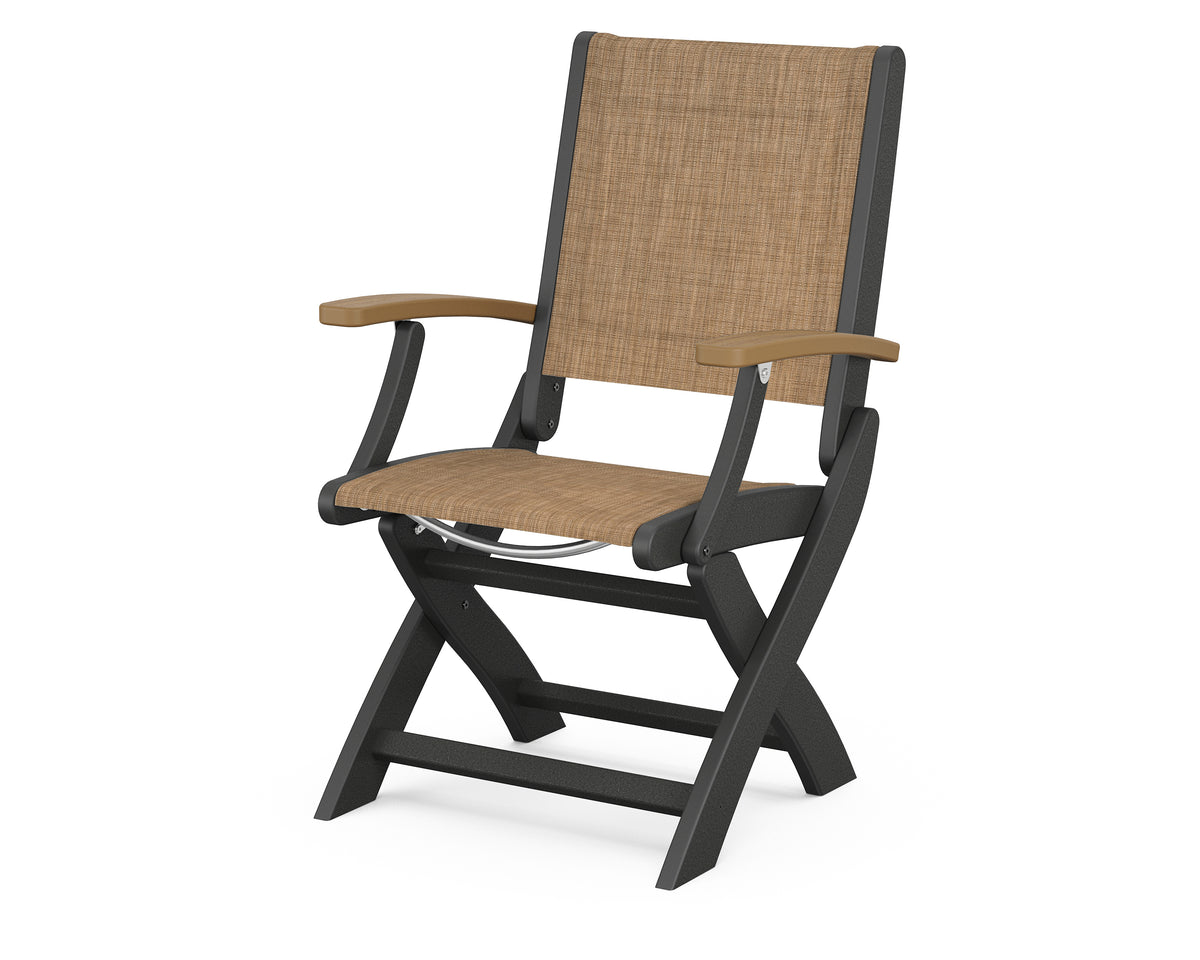 POLYWOOD Coastal Folding Chair in Black with Natural arms and Burlap sling