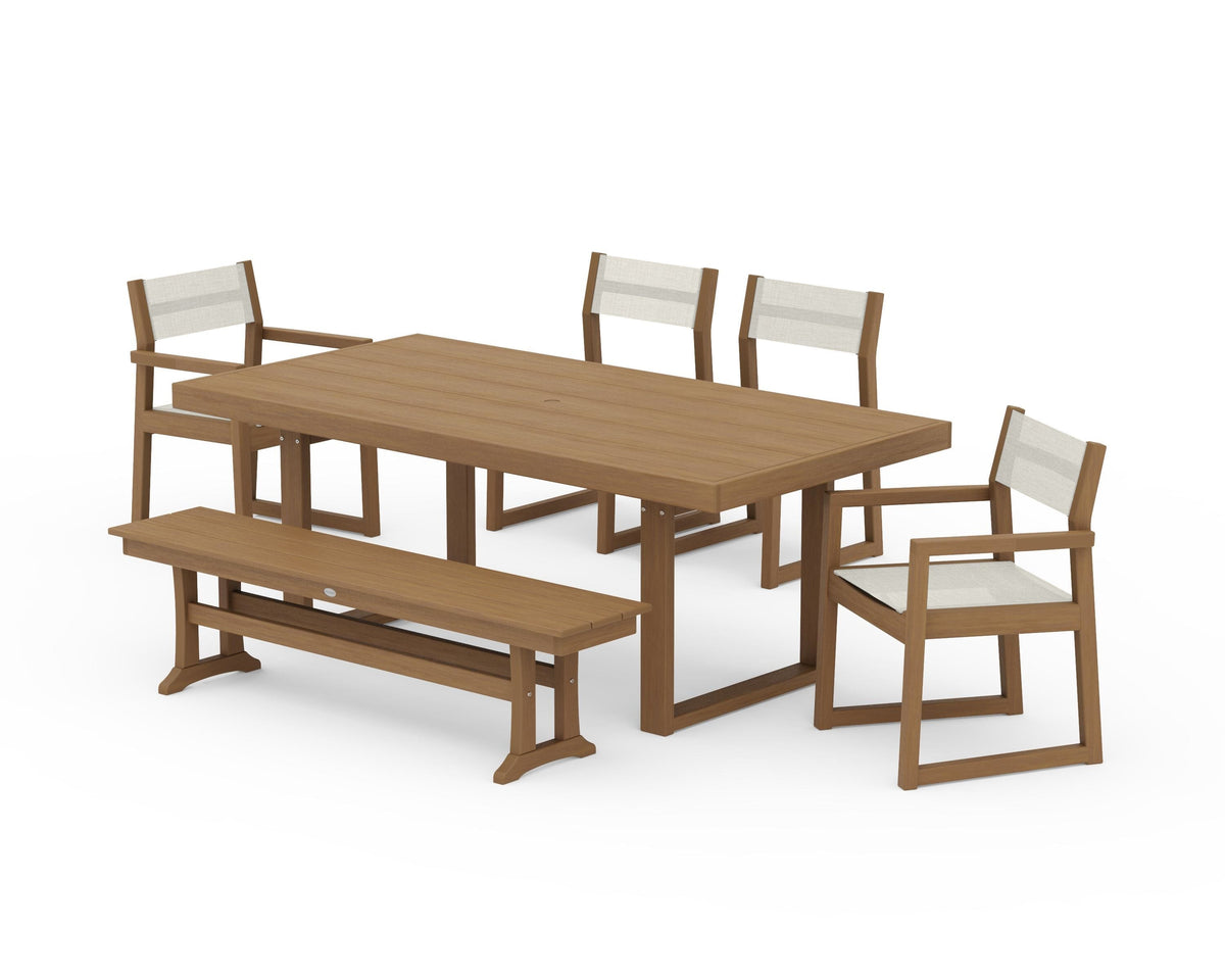 POLYWOOD EDGE Sling 6-Piece Dining Set with Bench in Natural / Parchment