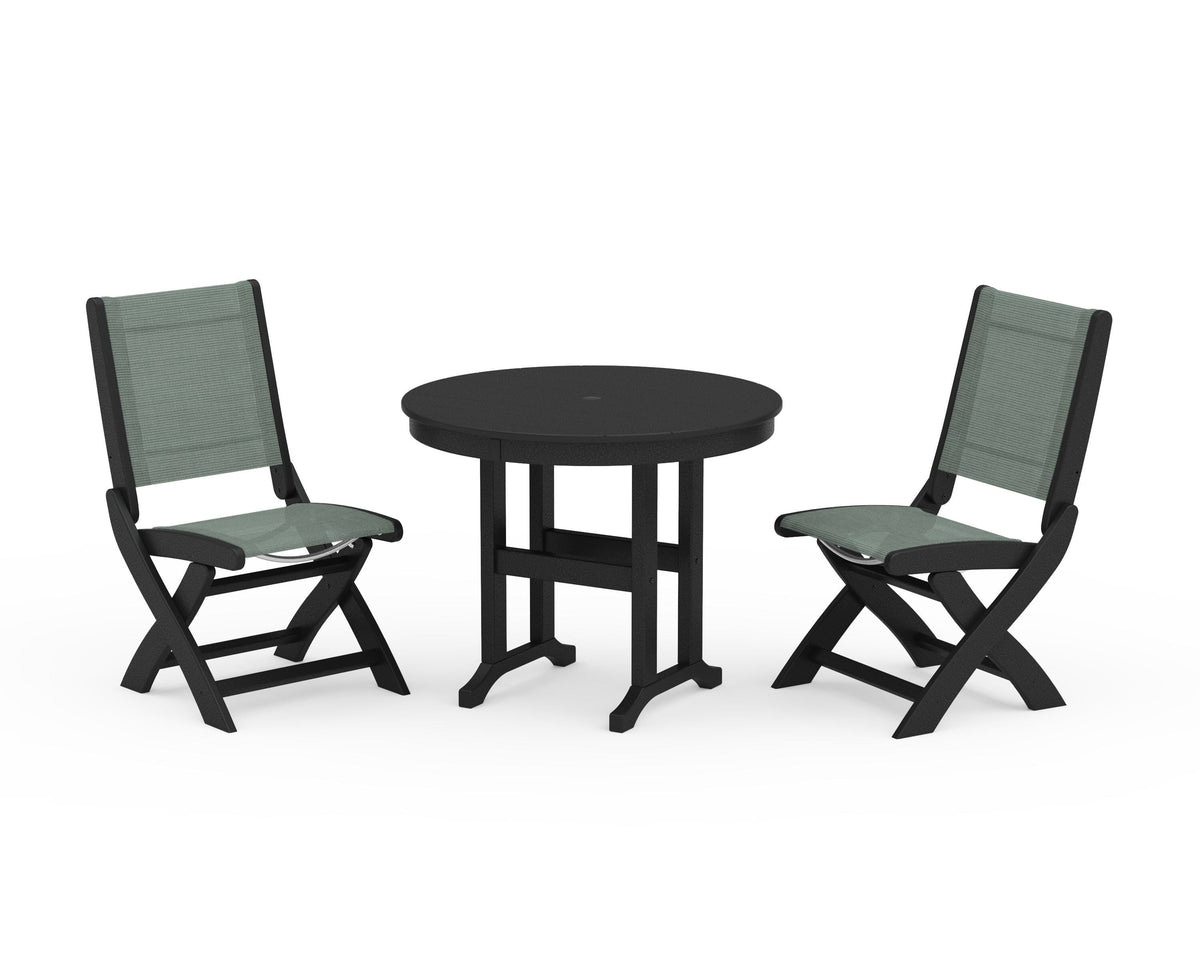 POLYWOOD Coastal Folding Side Chair 3-Piece Round Dining Set in Black / Dupioni Sea Mist