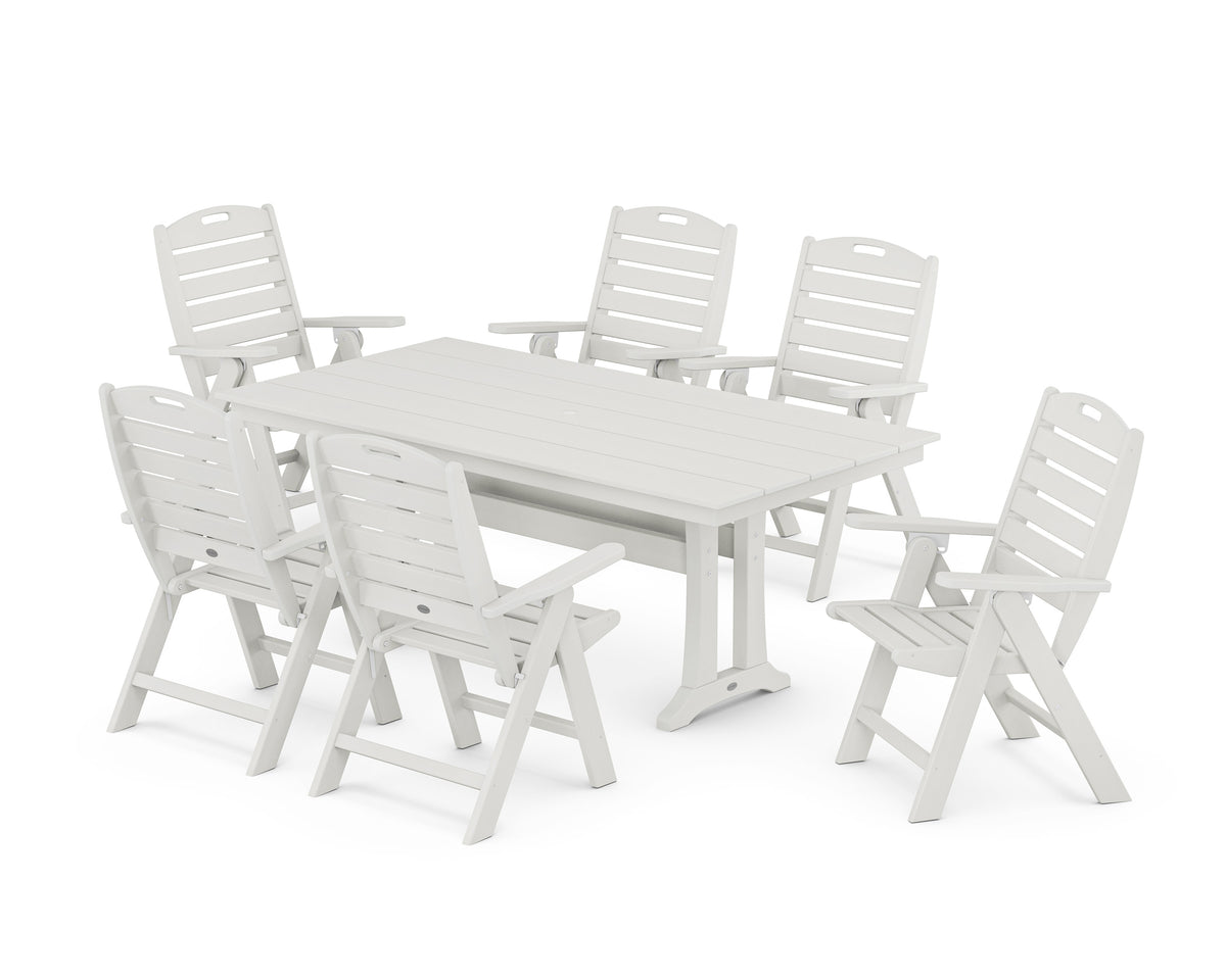 POLYWOOD Nautical Highback 7-Piece Farmhouse Dining Set with Trestle Legs in Vintage White