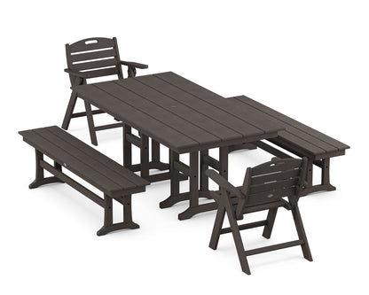POLYWOOD Nautical Lowback 5-Piece Farmhouse Dining Set with Benches in Vintage Coffee