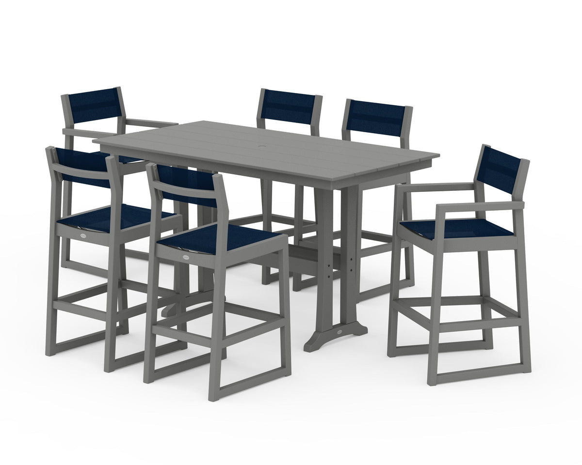 POLYWOOD EDGE Sling 7-Piece Farmhouse Bar Set with Trestle Legs in Slate Grey / Navy Blue