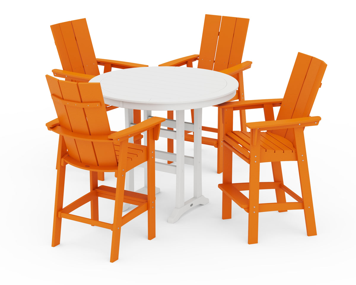 POLYWOOD Modern Curveback Adirondack 5-Piece Nautical Trestle Bar Set in Tangerine / White