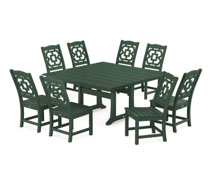 POLYWOOD Chinoiserie 9-Piece Square Farmhouse Side Chair Dining Set with Trestle Legs in Green