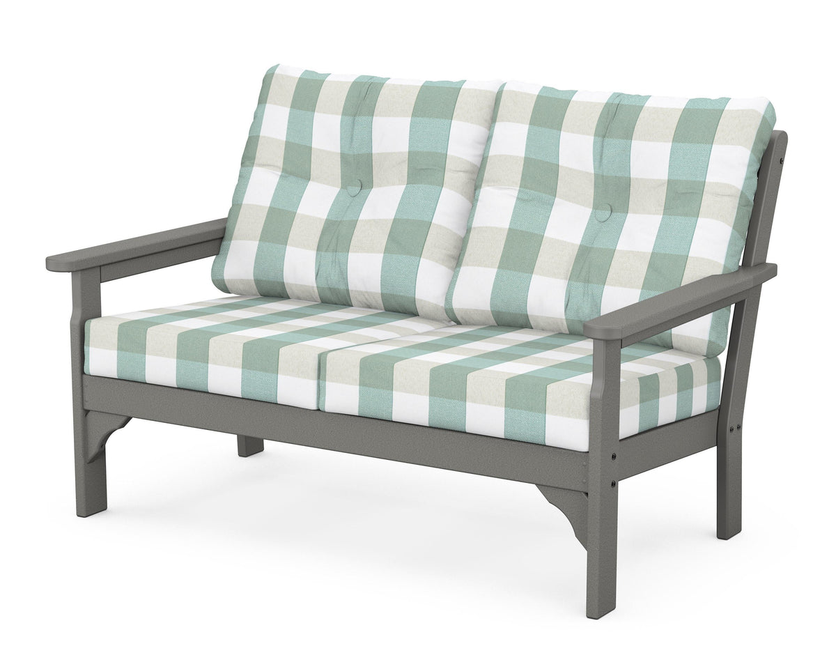 POLYWOOD Vineyard Deep Seating Loveseat in Slate Grey / Buffalo Plaid Glacier Spa