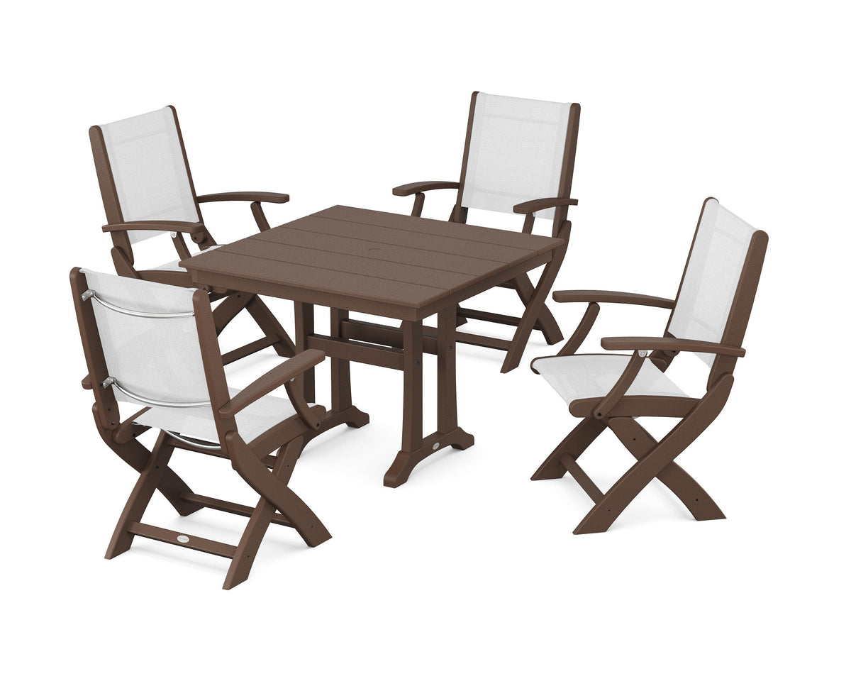 POLYWOOD Coastal Folding Chair 5-Piece Farmhouse Dining Set With Trestle Legs in Mahogany / White