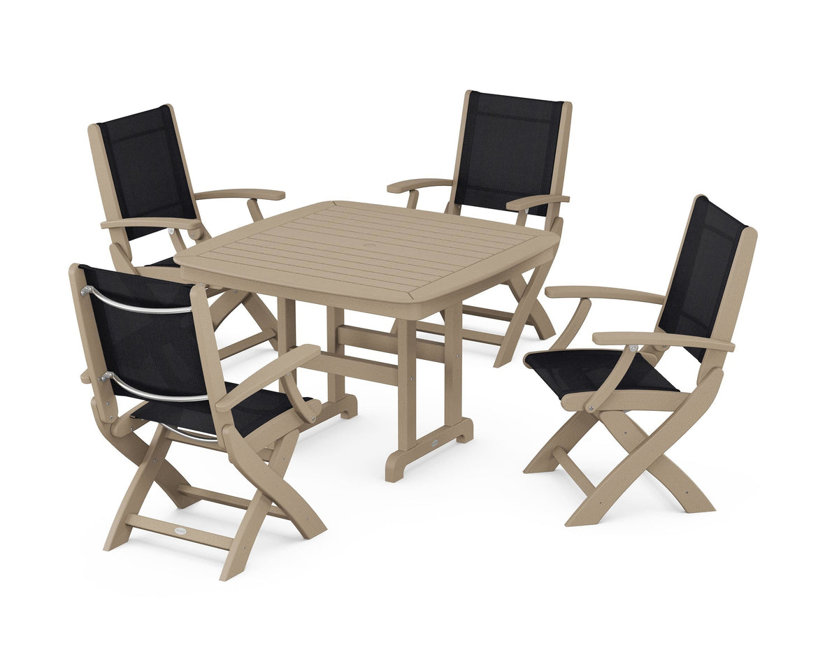 POLYWOOD Coastal Folding Chair 5-Piece Dining Set with Nautical 44" Dining Table in Vintage Sahara / Black