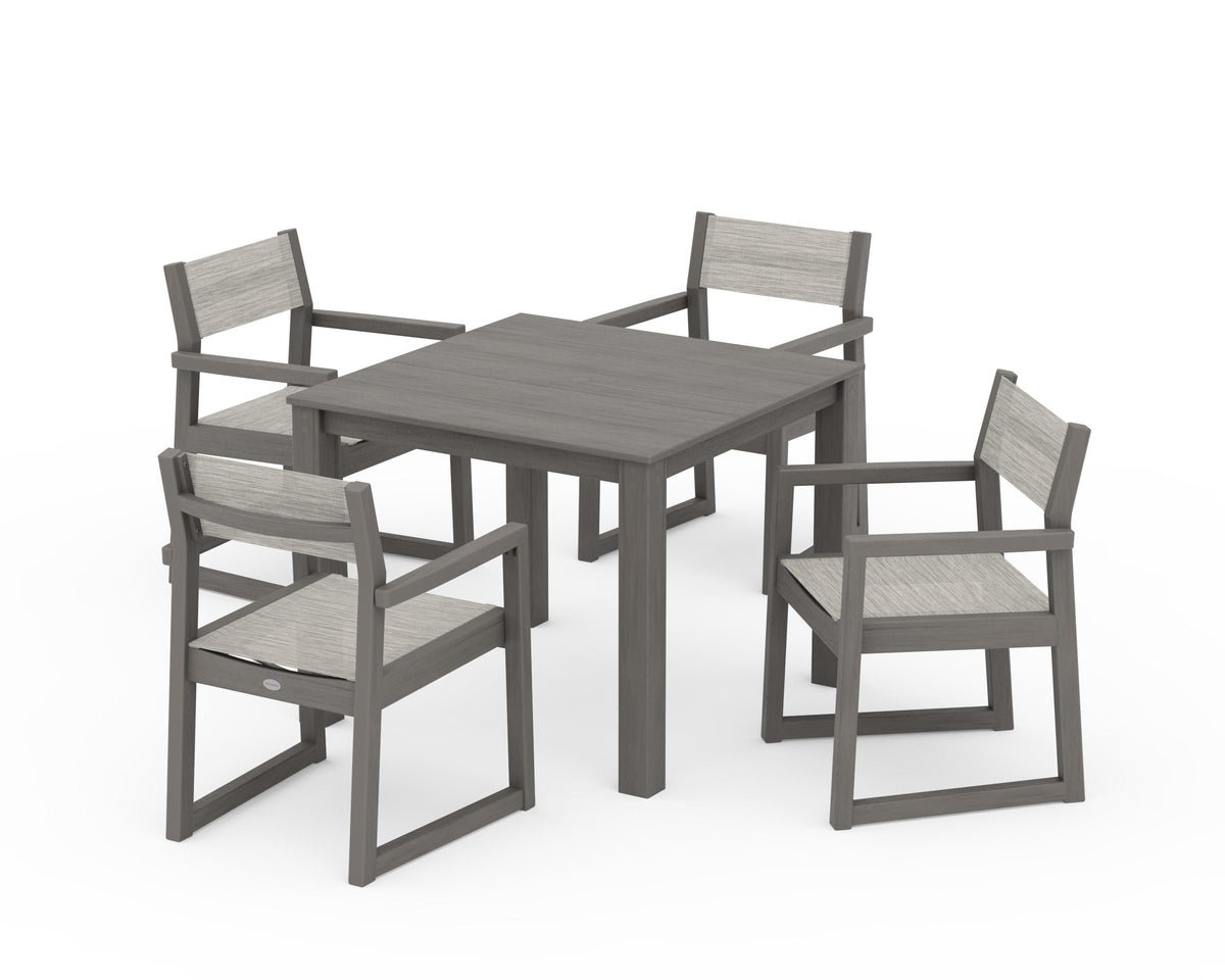 POLYWOOD EDGE Sling Arm Chair 5-Piece Parsons Dining Set in Driftwood / Birch