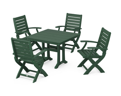 POLYWOOD Signature Folding Chair 5-Piece Farmhouse Dining Set with Trestle Legs in Green