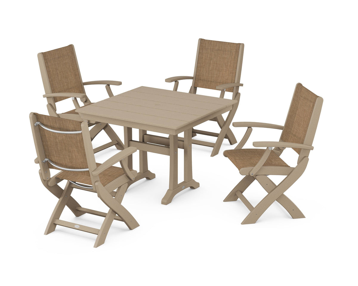 POLYWOOD Coastal Folding Chair 5-Piece Farmhouse Dining Set With Trestle Legs in Vintage Sahara / Burlap