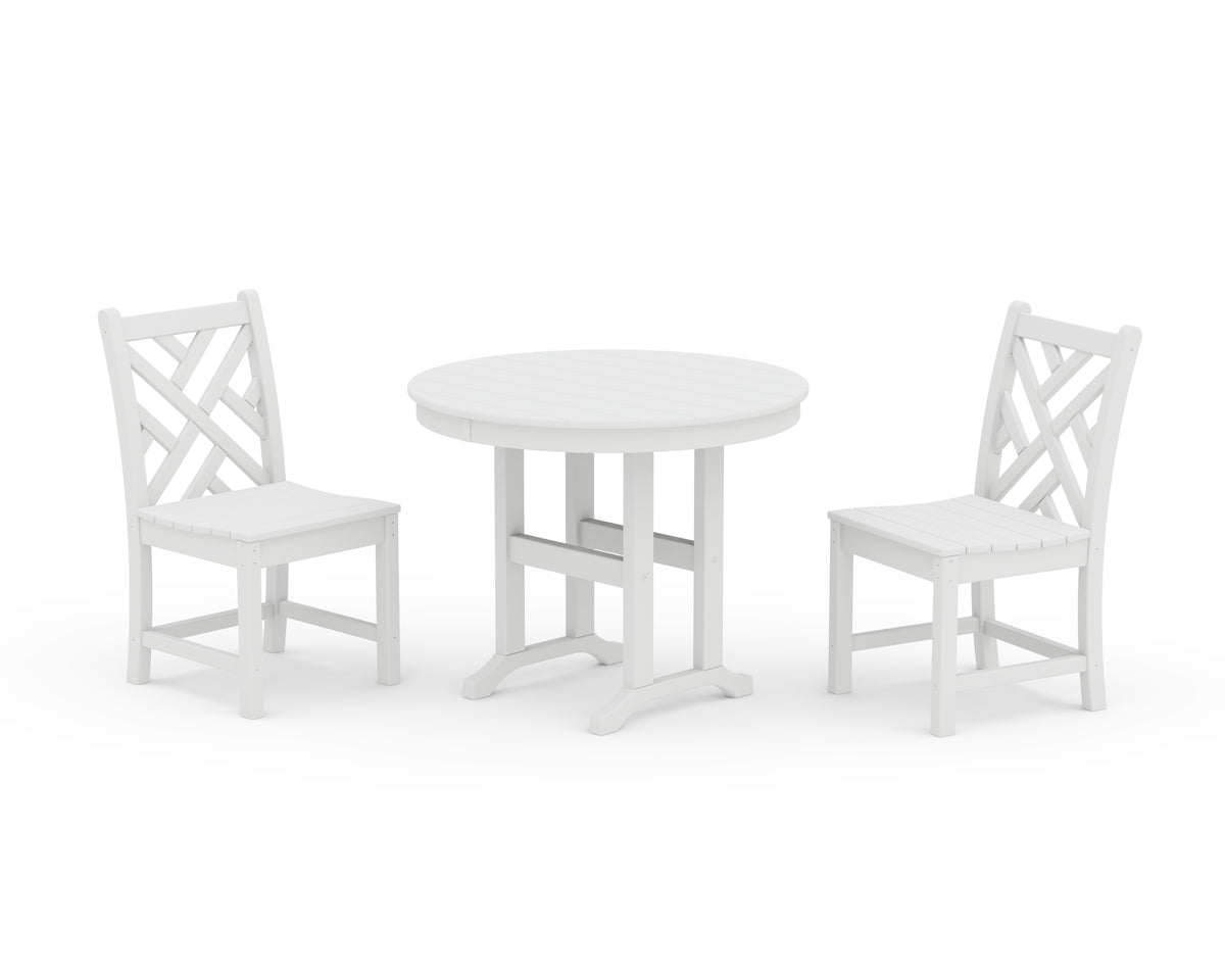 POLYWOOD Chippendale Side Chair 3-Piece Round Dining Set in White