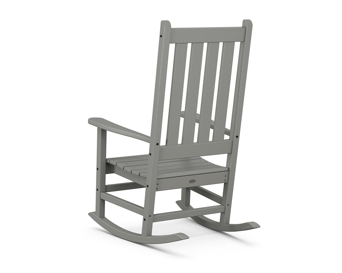 Angled view of the POLYWOOD Vineyard Porch Rocking Chair in Slate Grey