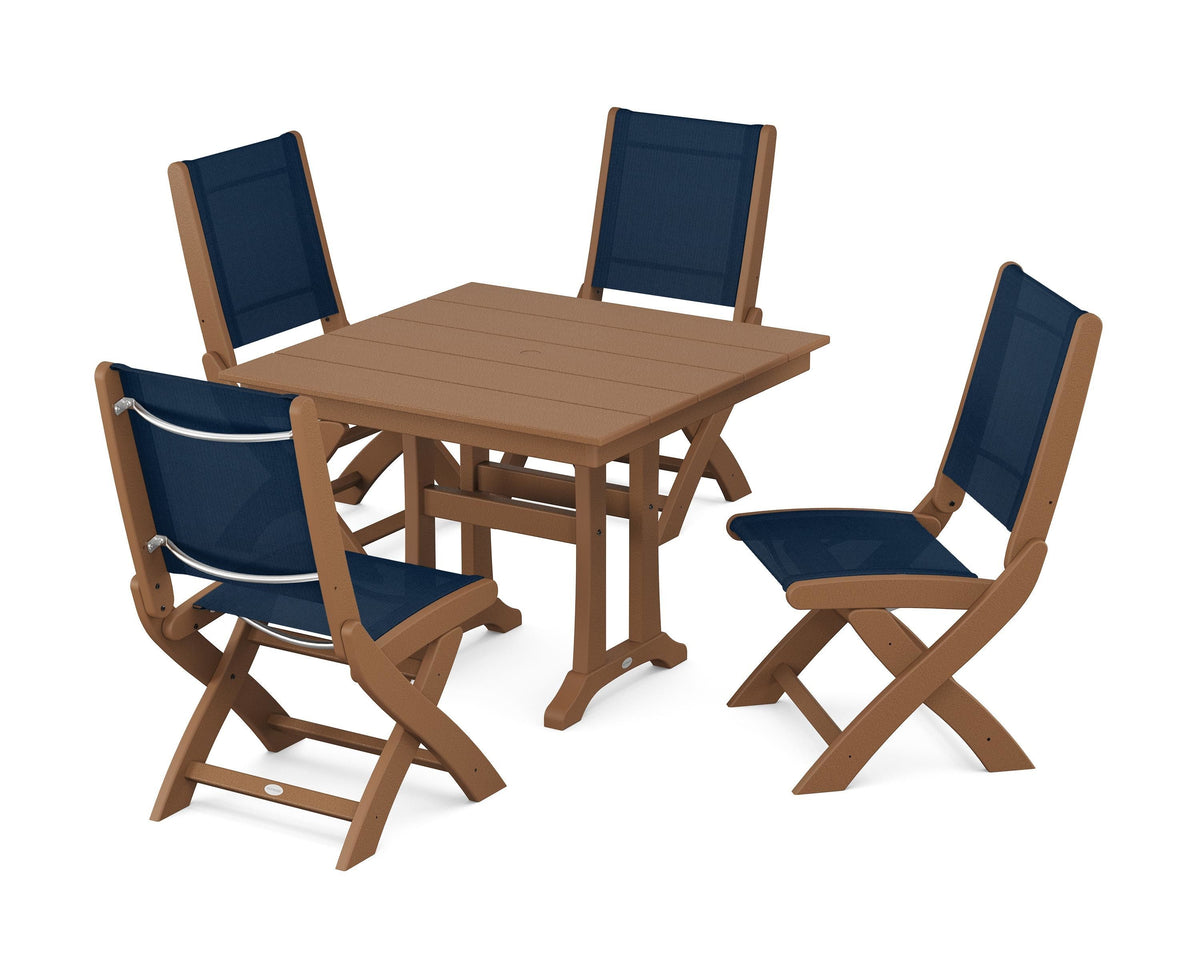 POLYWOOD Coastal Folding Side Chair 5-Piece Farmhouse Dining Set With Trestle Legs in Teak / Navy Blue