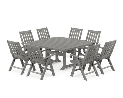 POLYWOOD Vineyard Folding Chair 9-Piece Square Dining Set with Trestle Legs in Slate Grey